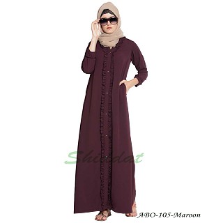 Front open abaya with frills on panels and sleeves- Maroon